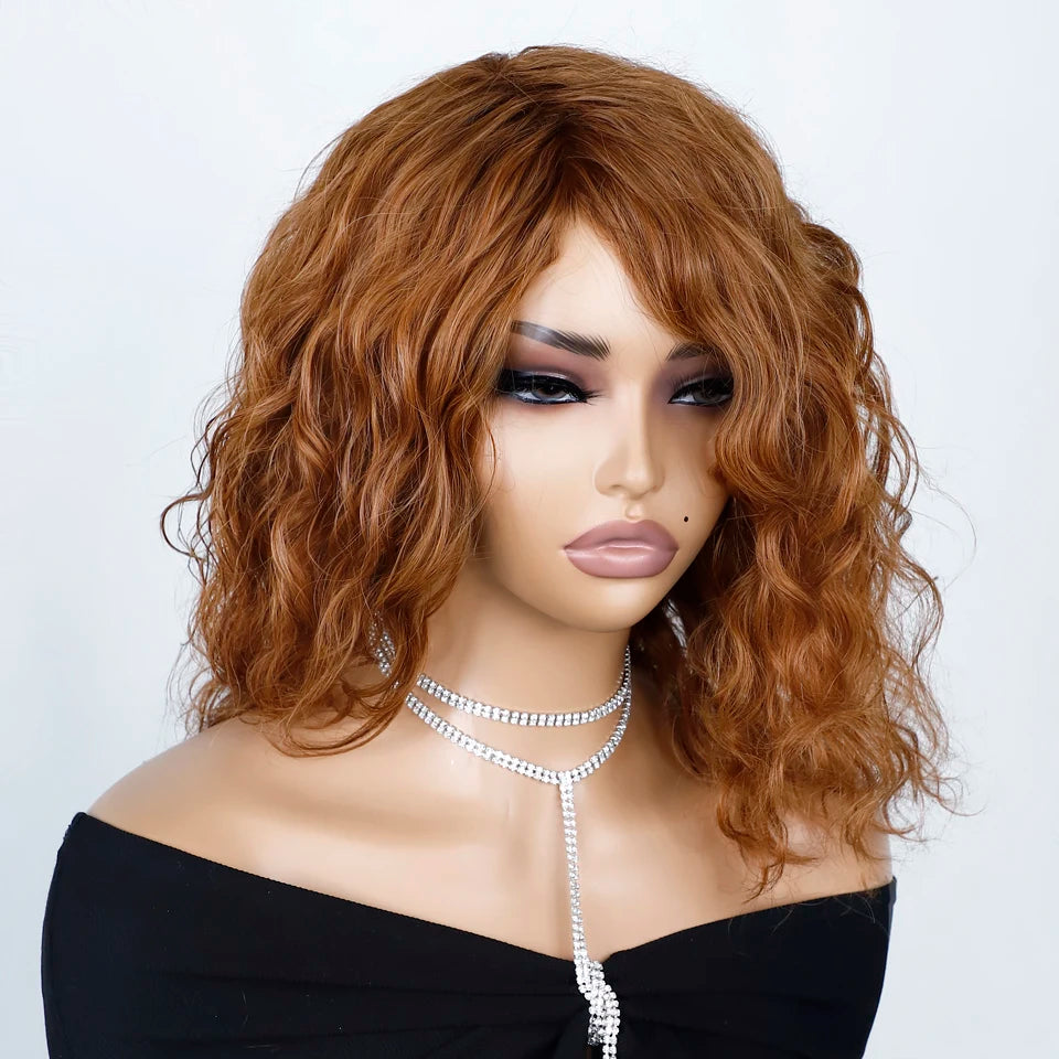 Honey Curly Bob Wigs Human Hair Side Part Pre-Plucked Big Fluffy Brown Mixed Blonde Glueless Bob Curly Wig with Fringe Bangs