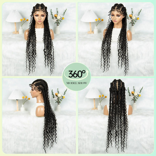 32" Ghana Cornrow Boho Braids Wig | Full Lace Knotless with Curly Inset Luxegan