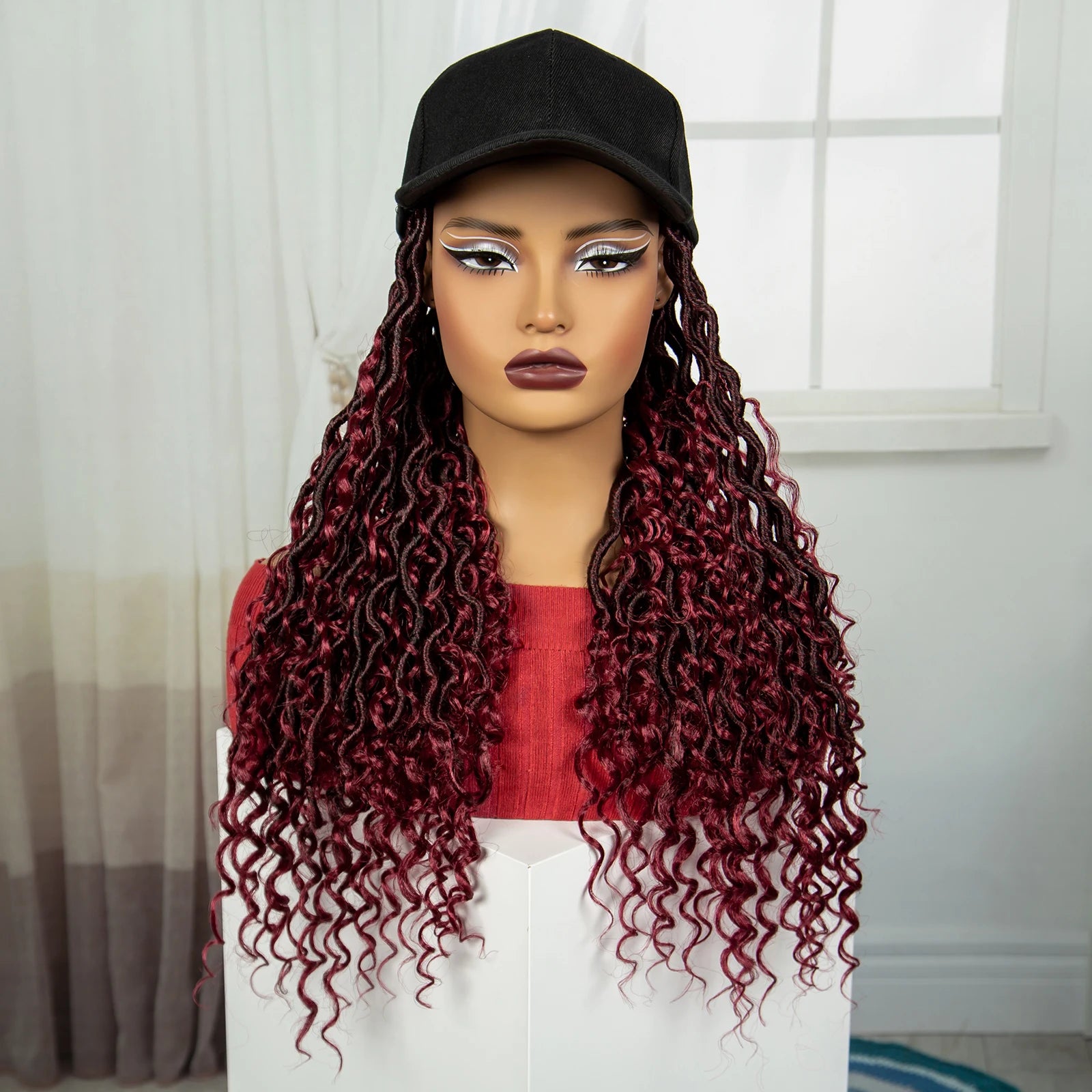 Burgundy Braided Hat Wig with Curly Ends | Knotless Braids | Adjustable Cap Luxegan
