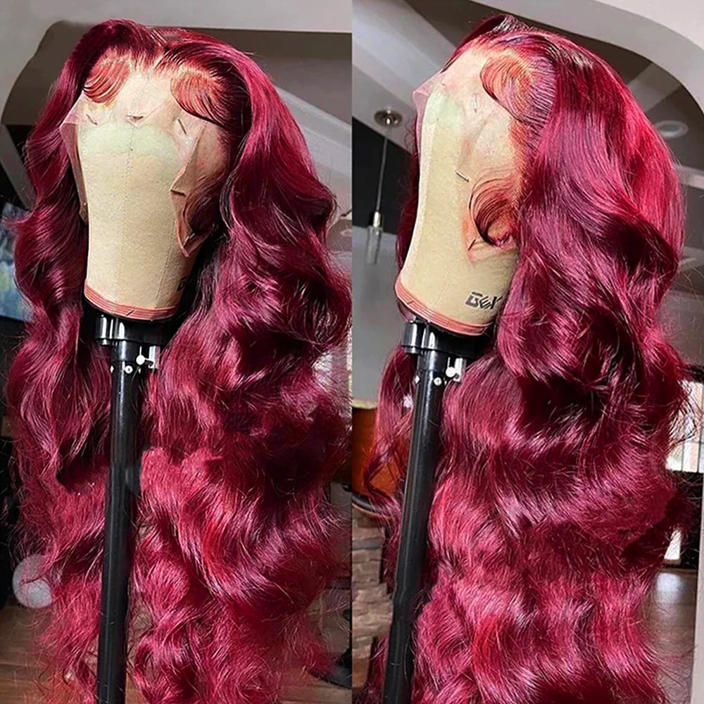 99J Burgundy Body Wave Lace Front Wig | HD Transparent Lace | 200% Density | 30-34 Inch Brazilian Hair