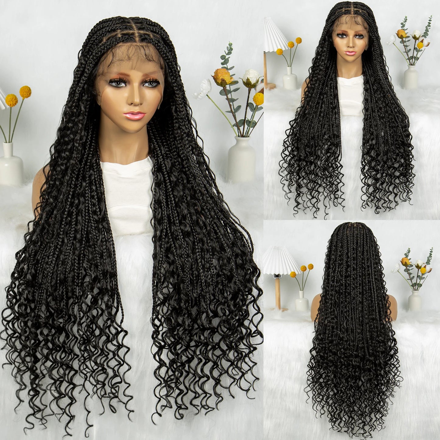 Transparent Full Lace Goddess Boho Box Braids Wig with Baby Hair Luxegan