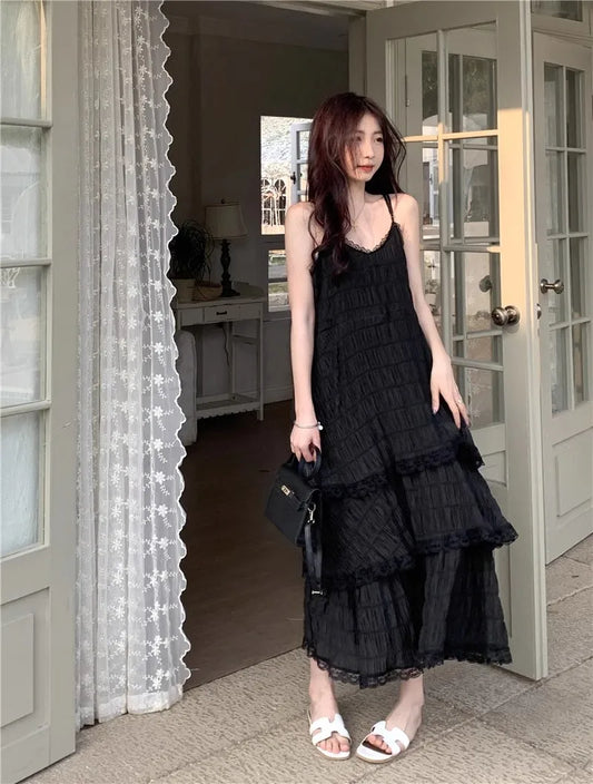 Women's Summer Befree Long Vintage Dress | Elegant Ruffle Lace Party Gown | Sexy Silky Beach Maxi Strap Camis Dress | Premium High Stretch Regular Fit Ball Gown Luxegan