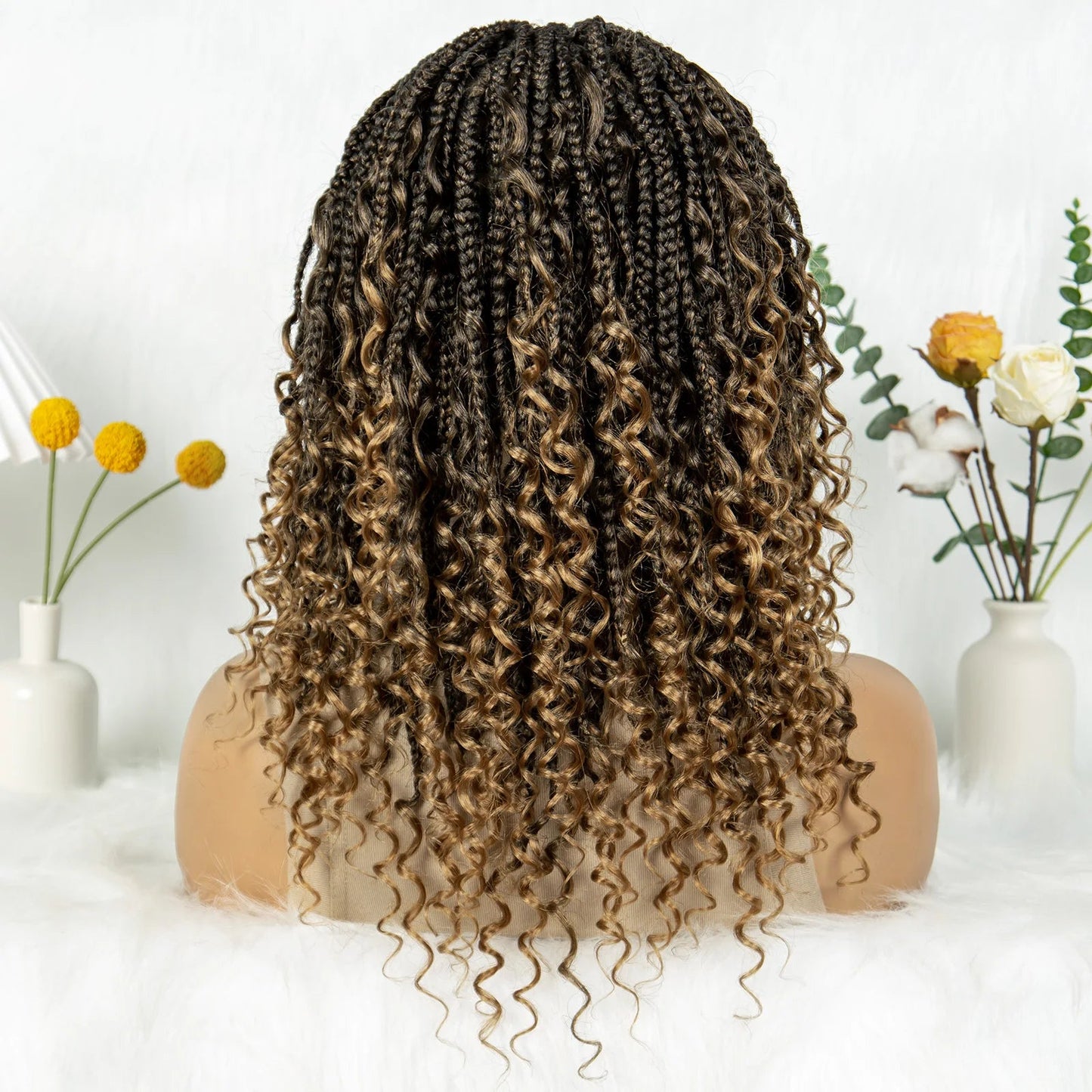 Short Bohemian Box Braids Wig | Full Lace | Curly Ends | Baby Hair | Synthetic Boho Wig Luxegan