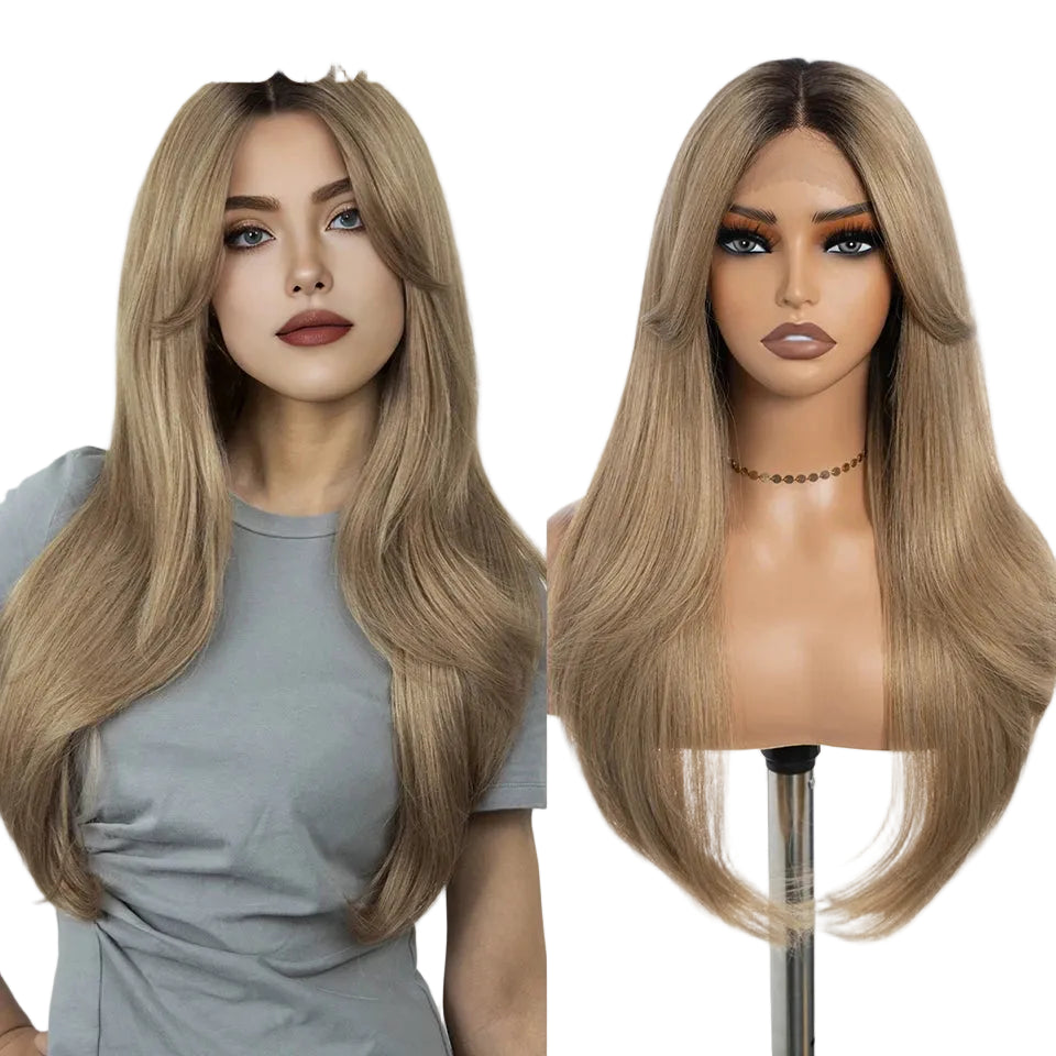 26-Inch Ombre Brown Highlight Blonde Synthetic Lace Front Wig with Bangs - Long Straight High Temperature Fiber Swiss Lace Wig - Transparent Lace Glueless Wig for Daily Use & Cosplay (197g) Luxegan