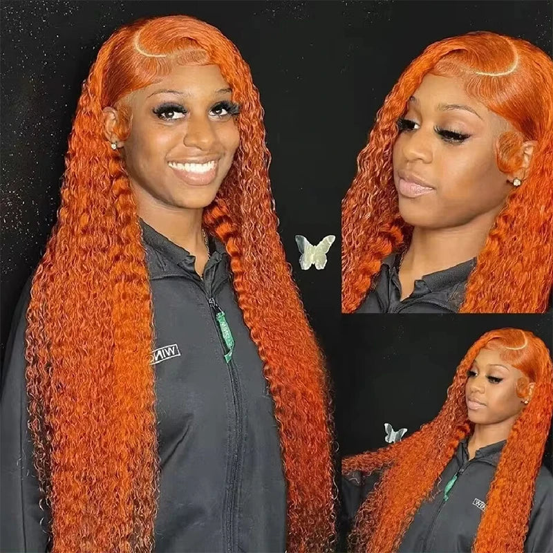 Ginger Orange Water Wave 13x6/13x4 Lace Frontal Wig - Brazilian Remy Hair - Pre Plucked - Deep Curly - 26"+ Long