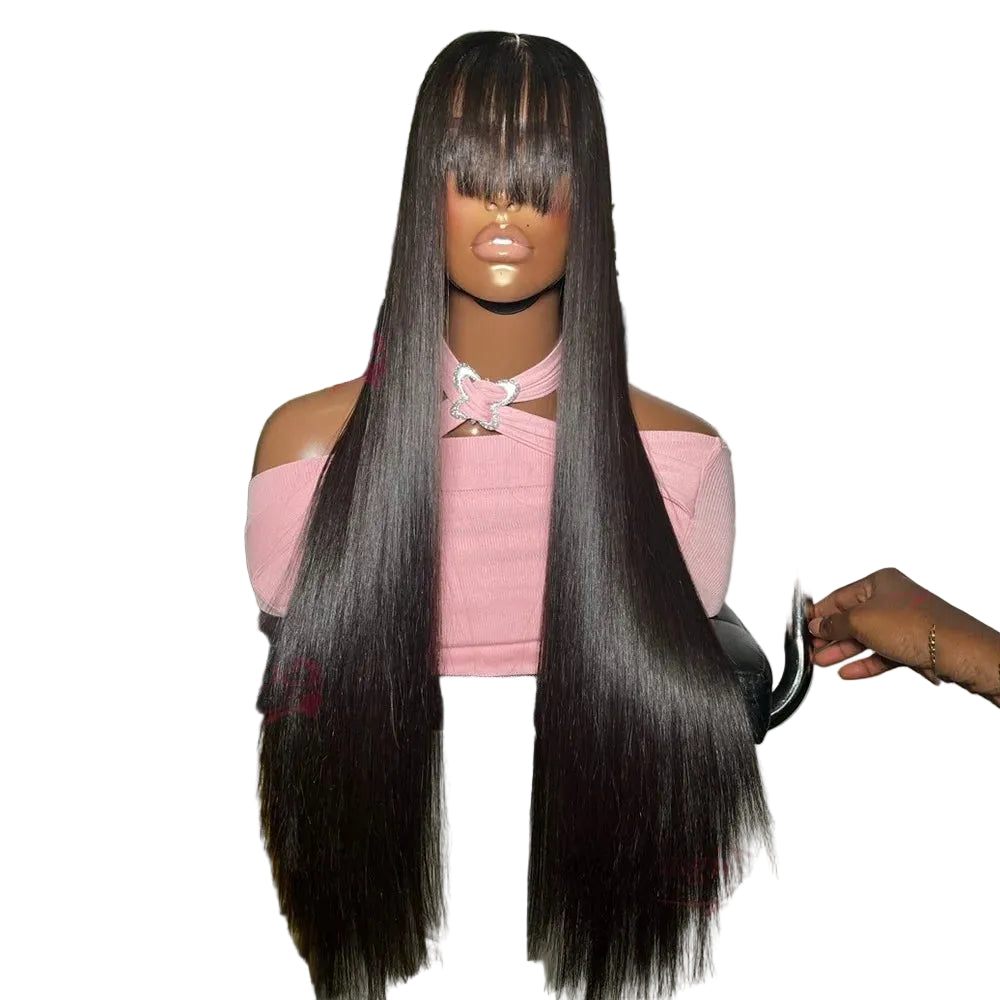 Raw Indian Bone Straight Human Hair Wig | Sophisticated 4x4 Lace Closure Middle Part | Elegant "Brazilian Virgin" 30–32 Inch Length | "Dignified" Glueless Wear-and-Go Wig with Bangs for Radiant Versatile Styling Luxegan