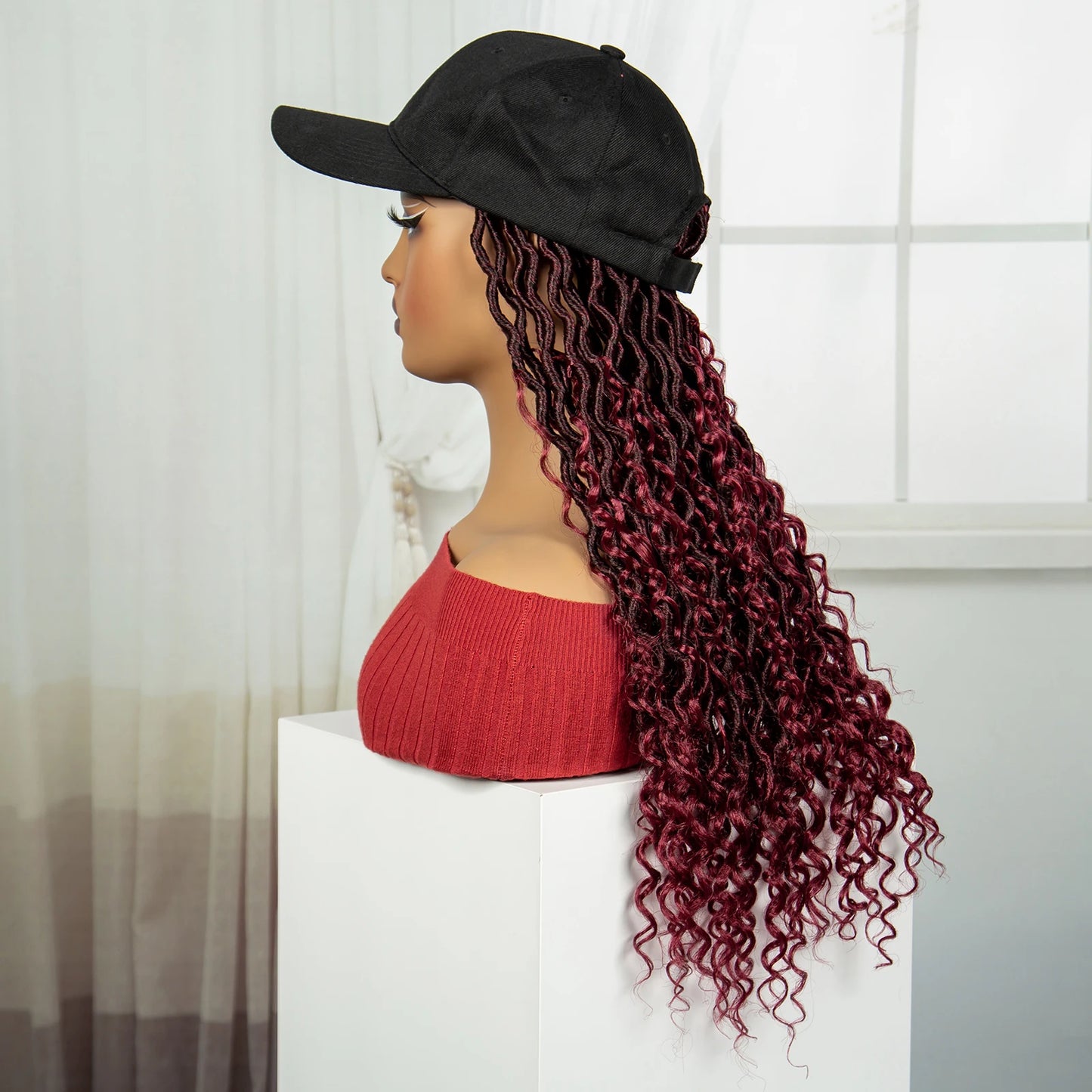 Burgundy Braided Hat Wig with Curly Ends | Knotless Braids | Adjustable Cap Luxegan