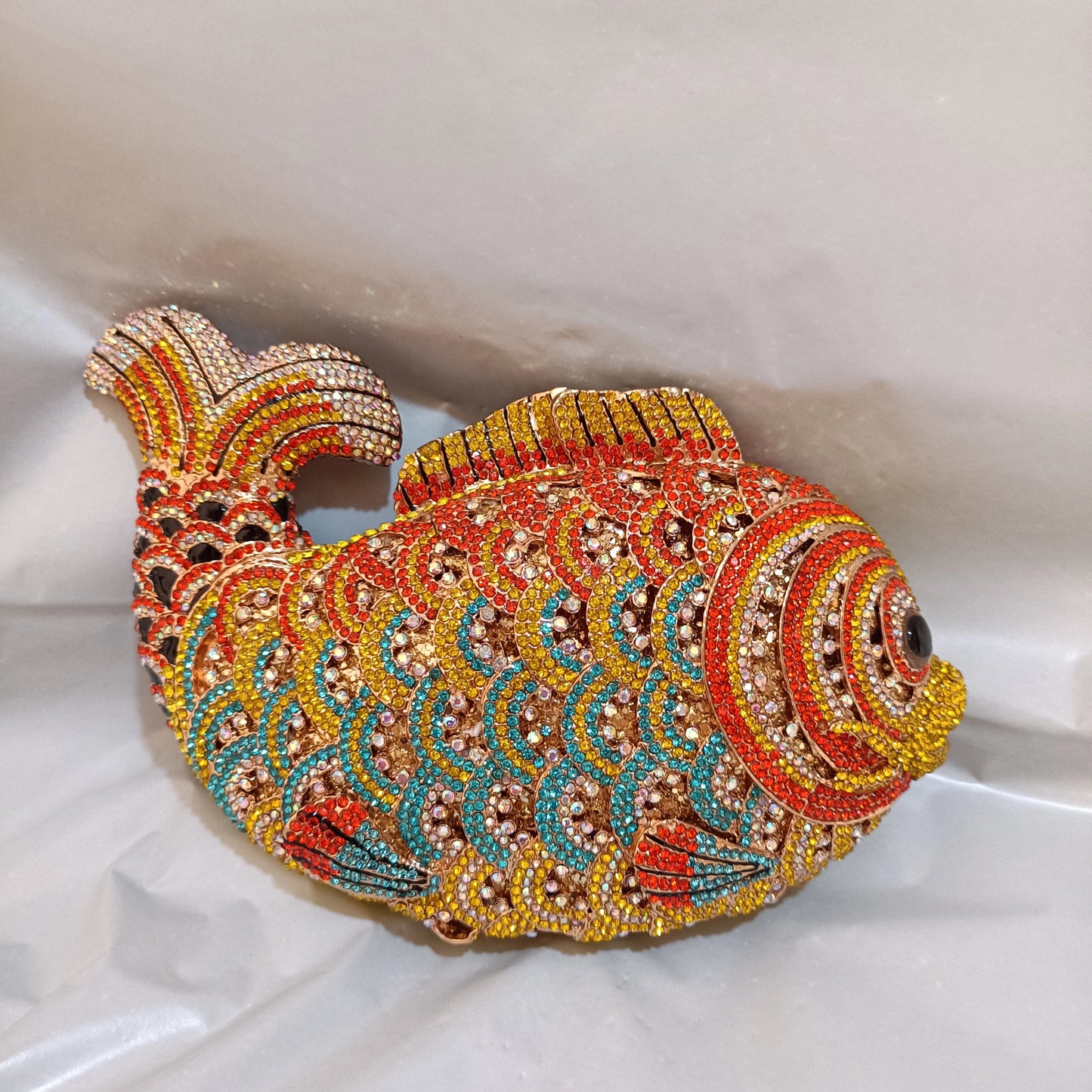 Women's Rhinestone Fish Evening Minaudiere Bag | Luxury Gold Stone Bridal Clutch Purse | Premium Metallic Hard Shell Wedding Handbag | Elegant Genuine Leather Lined Party Dinner Purse Model 01