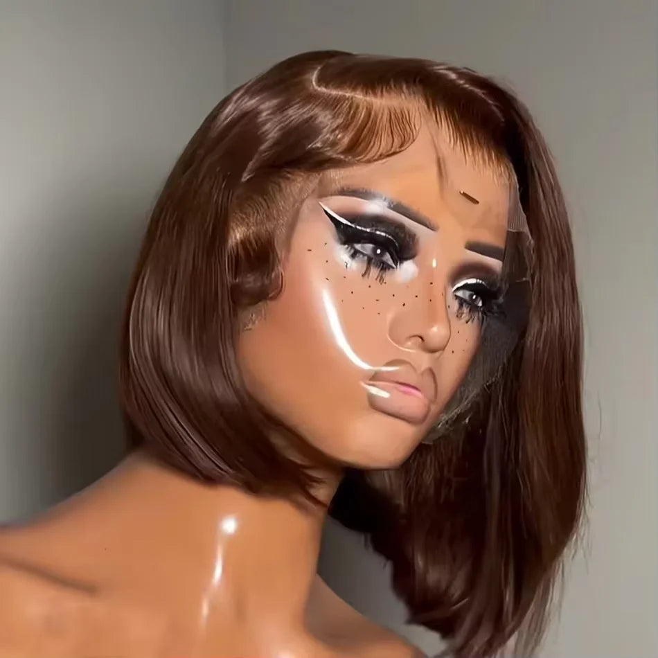 16-Inch Chocolate Brown Straight Bob Wig | Sophisticated 13x4 & 4x4 HD Transparent Lace | Elegant "Short Bob" Silhouette | "Dignified" Pre-Plucked Vietnamese Remy Human Hair for Radiant Versatile Styling Luxegan
