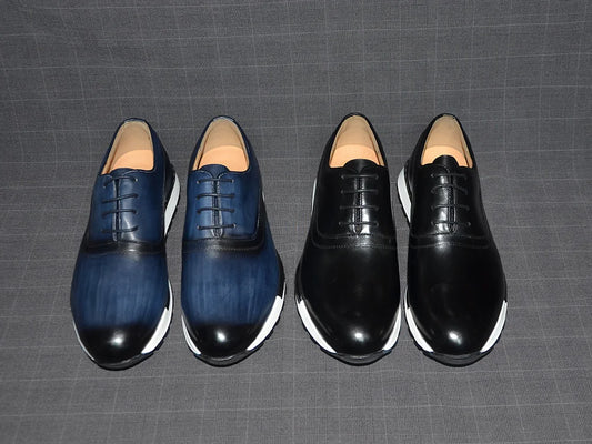 Luxury Classic Oxford Sneakers | Sophisticated Hand-Painted Genuine Cow Leather | Elegant "Dark-Blue & Purple" Lace-Up Male Footwear | "Dignified" Handmade Sheepskin Insole Shoes for Radiant Versatile Styling Luxegan