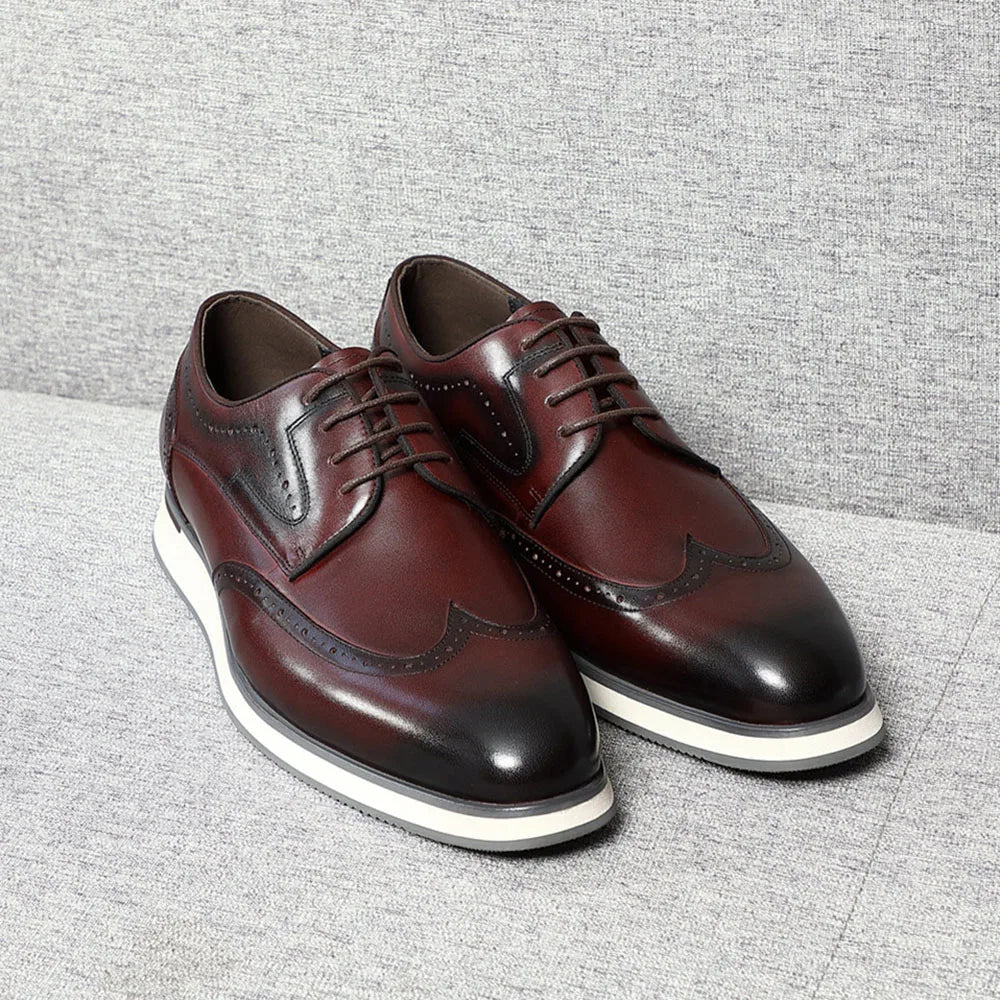 Men's Natural Cowhide Genuine Leather Derby Dress Shoes | Brogue Wingtip Flat Shoes (Black, Wine Red) Luxegan