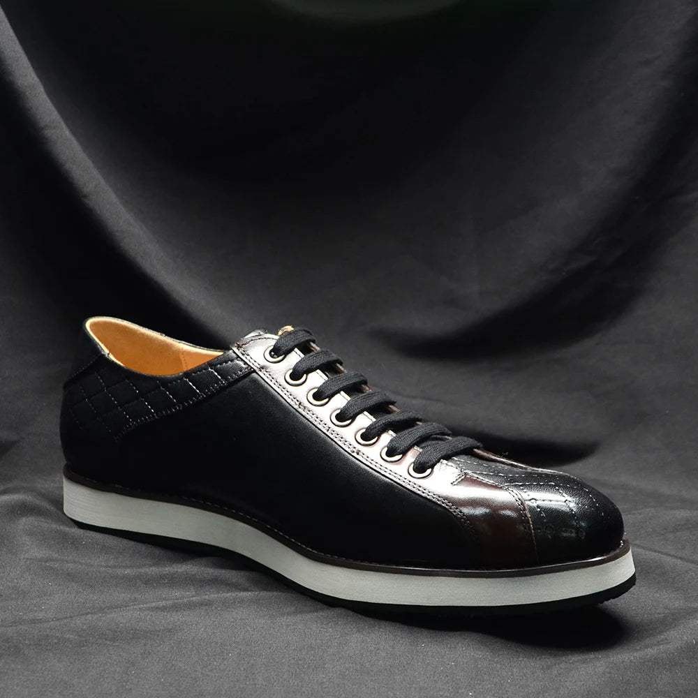 Europe 2024 Fall Luxury Men's Genuine Leather Plaid Casual Shoes | Black & Dark Brown Business Sneakers (Height Increasing) Luxegan