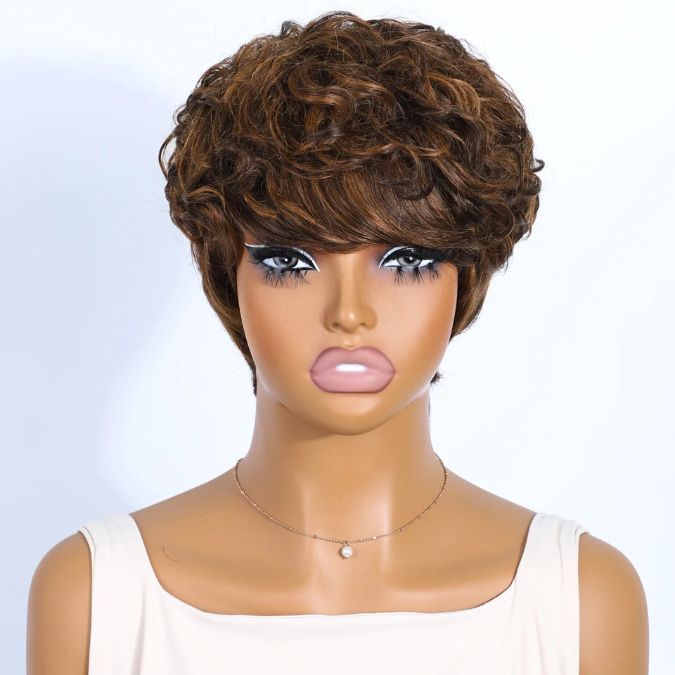 Rebecca Mixed Brown Pixie Cut Wig | Curly Side Part Brazilian Human Hair Luxegan