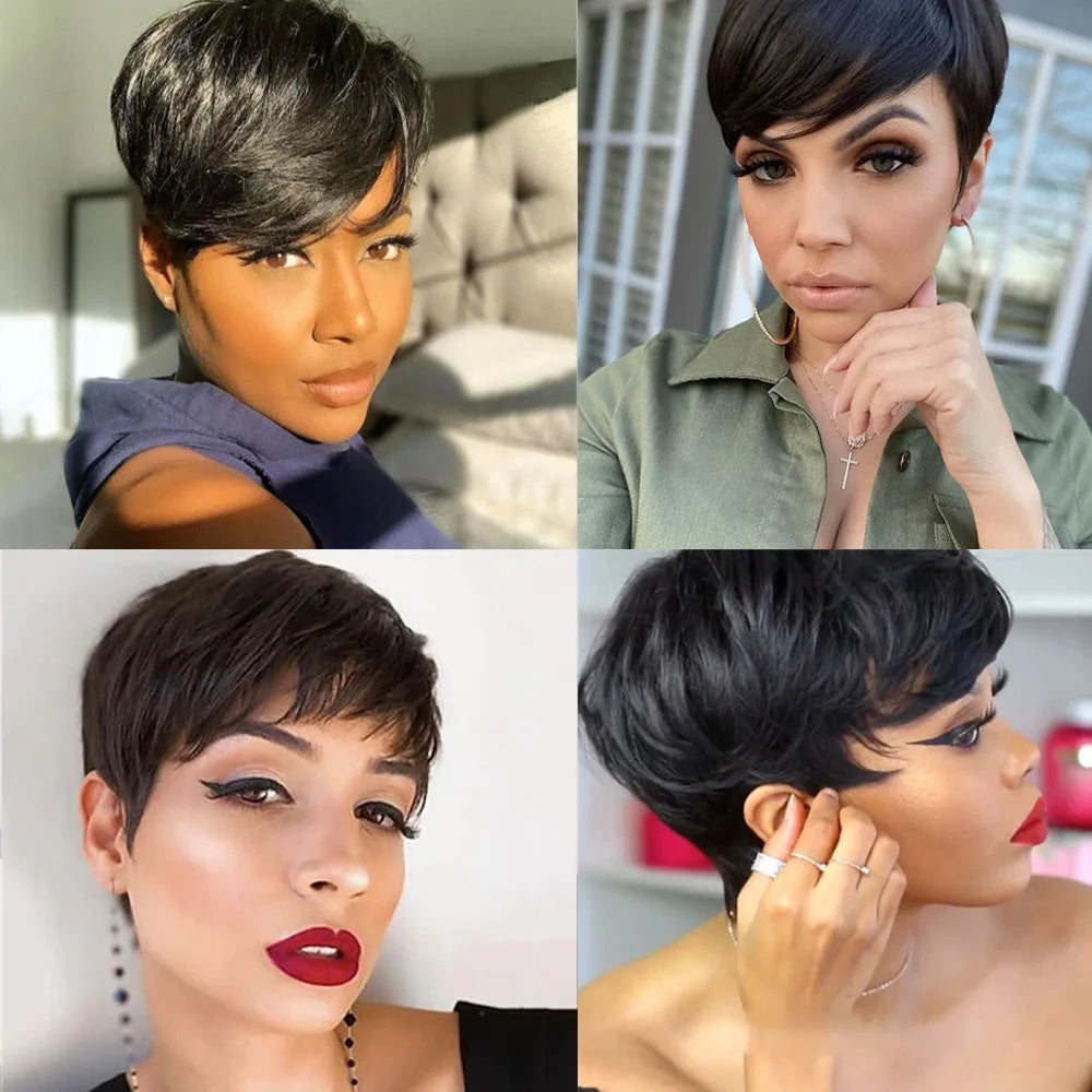 Short Pixie Cut Wig Human Hair | Machine Made Wig with Bangs | Brazilian Remy Hair | Pixie Wig for Black Women