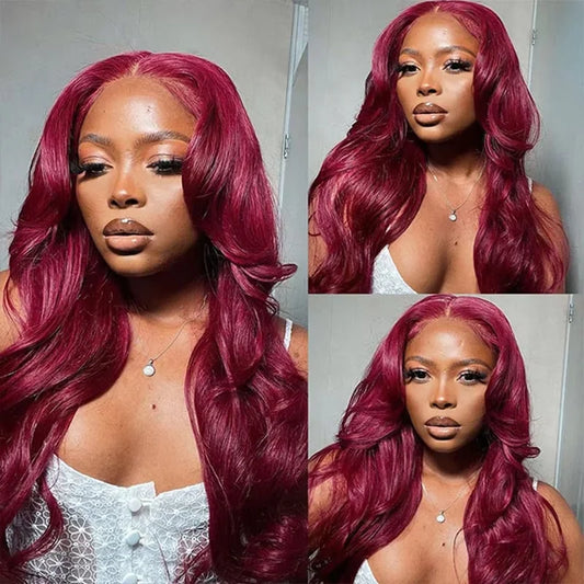99J Burgundy Body Wave Lace Front Wig | HD Transparent Lace | 200% Density | 30-34 Inch Brazilian Hair