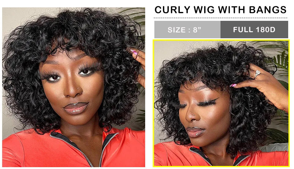 Highlight Honey Blonde Jerry Curly Pixie Bob Wig with Bangs | Full Machine Made Human Hair Luxegan
