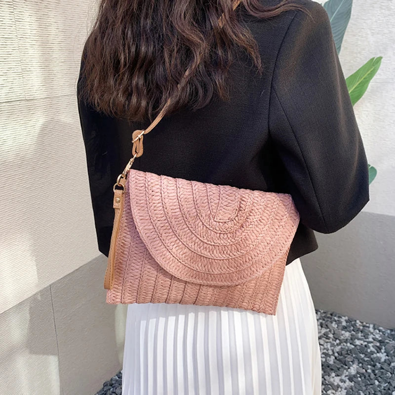 Summer Travel Beach Bag Straw Woven Clutch Bag | Fashion Designer Crossbody Shoulder Bag for Women (Handbag Ladies Wrist Wicker Bag) Luxegan