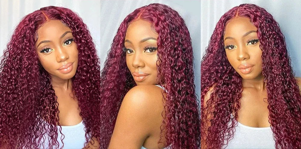 30" Curly Burgundy & Chocolate Brown 13x6 HD Lace Frontal Wig | 99J Colored Human Hair Wig for Women | Deep Wave Luxegan