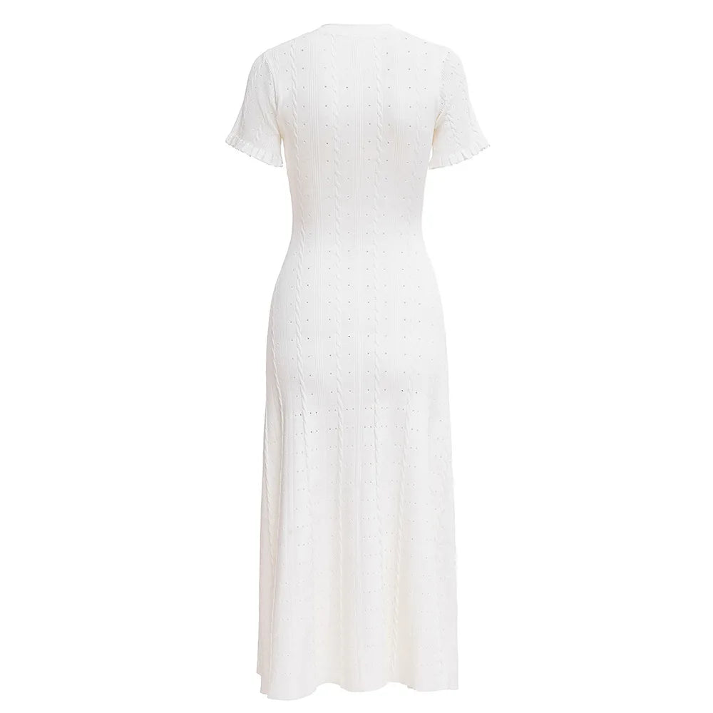 Floral Round Neck Short Sleeve Lace Detail Regular Fit A-Line Mid-Calf Dress – Natural Waist, Summer Luxegan