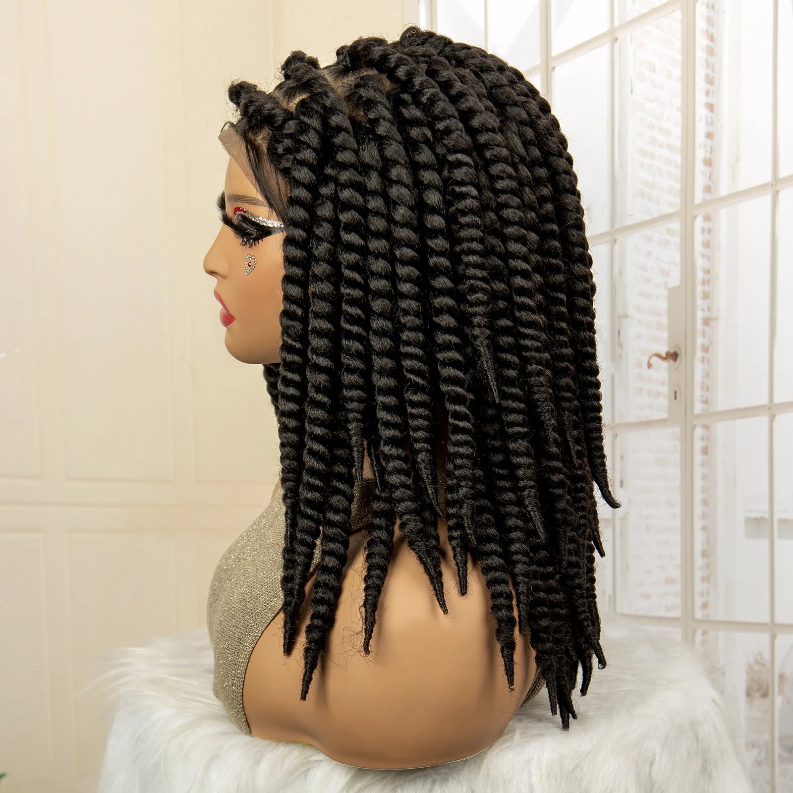 16 Inch Brown Twisted Braided Bob Wig | Full Lace | Kanekalon Fiber | For Black Women