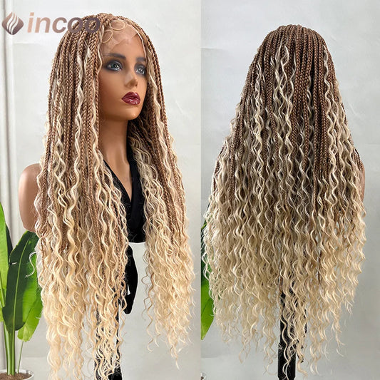32" Bohemian Braided Wig | 613 Blonde Full Lace Box Braids | Knotless Braids with Baby Hair
