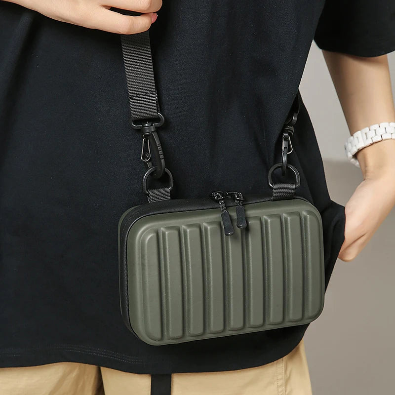Unisex Army Green Mini Box Crossbody | Casual Leisure Shoulder Sling Bag | Durable PVC Solid Color Handbag with Striped Texture & Zipper Closure Luxegan