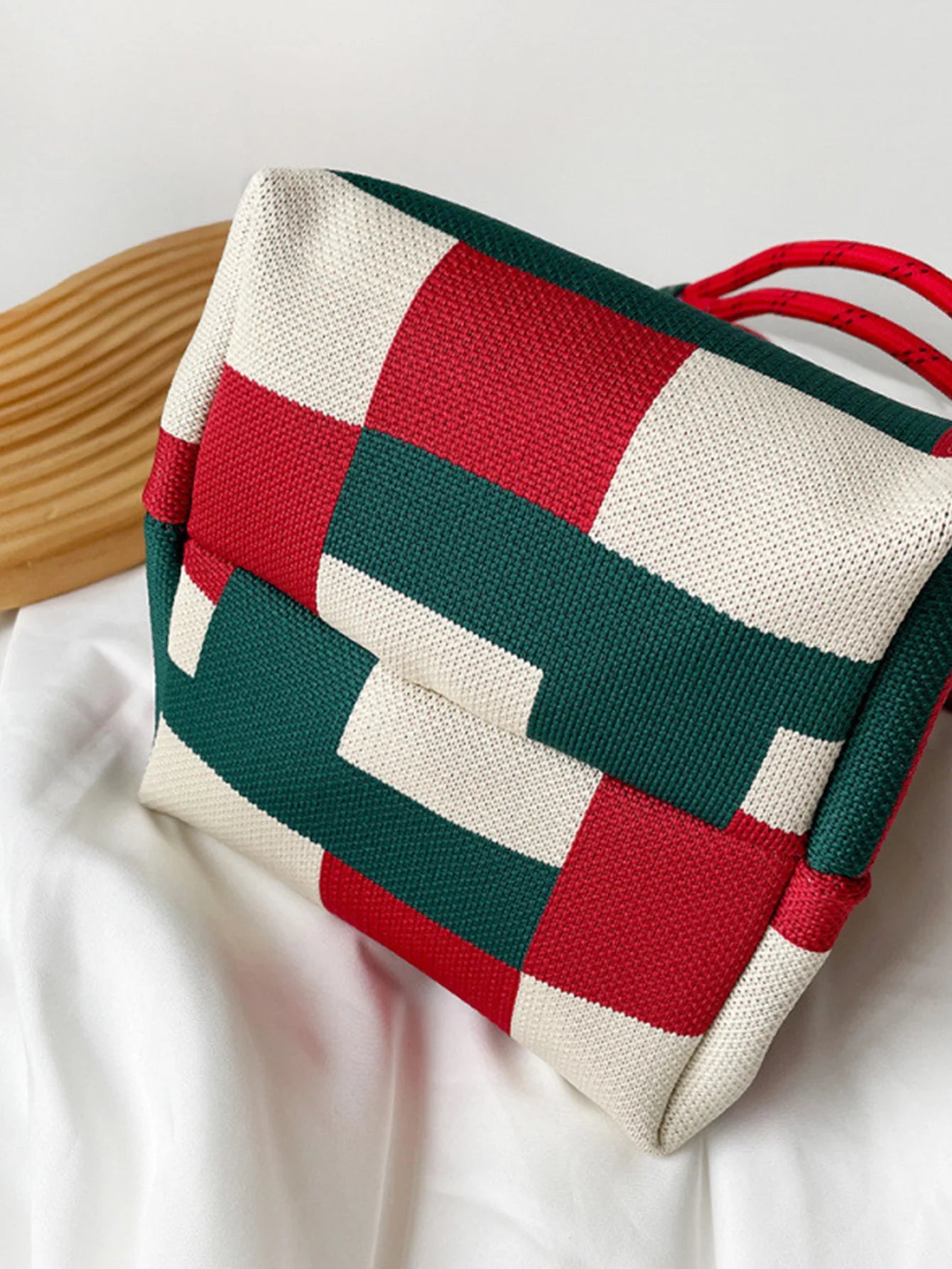 Red and Green Colour-Blocking Knitted Tote Bag | Small Square Double Handle Bag Luxegan