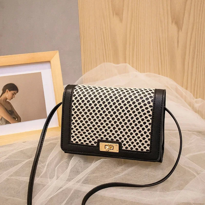 New Fashion Women’s Messenger Bag | Trendy All-Match Small Square Mesh Bag | Sophisticated Hit-Color One-Shoulder Mobile Phone Bag | Elegant TPU Satchel with Criss-Cross Detail Luxegan
