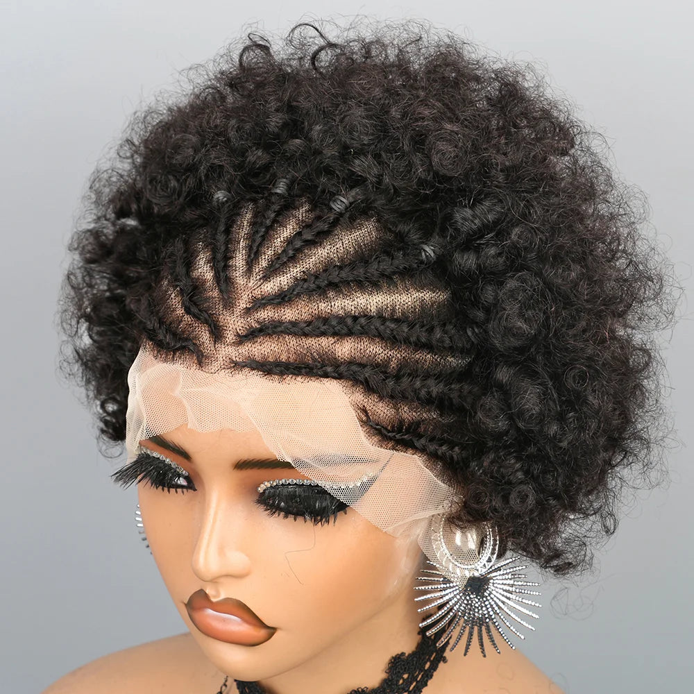 Short Afro Puff Braided Wig | 13x4 Lace Front Human Hair | Pre-Braided Cornrow Wig Luxegan