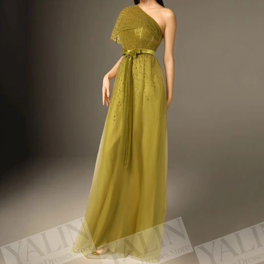Sequined Sashes A-Line Prom Gown | One-Shoulder Floor-Length Evening Dress Luxegan