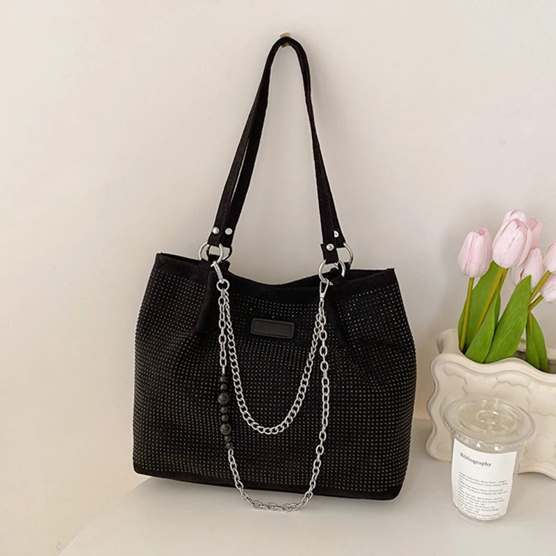 Women's Luxury Design Shopper Tote | Large-Capacity PU Leather Rhinestone Handbag Luxegan