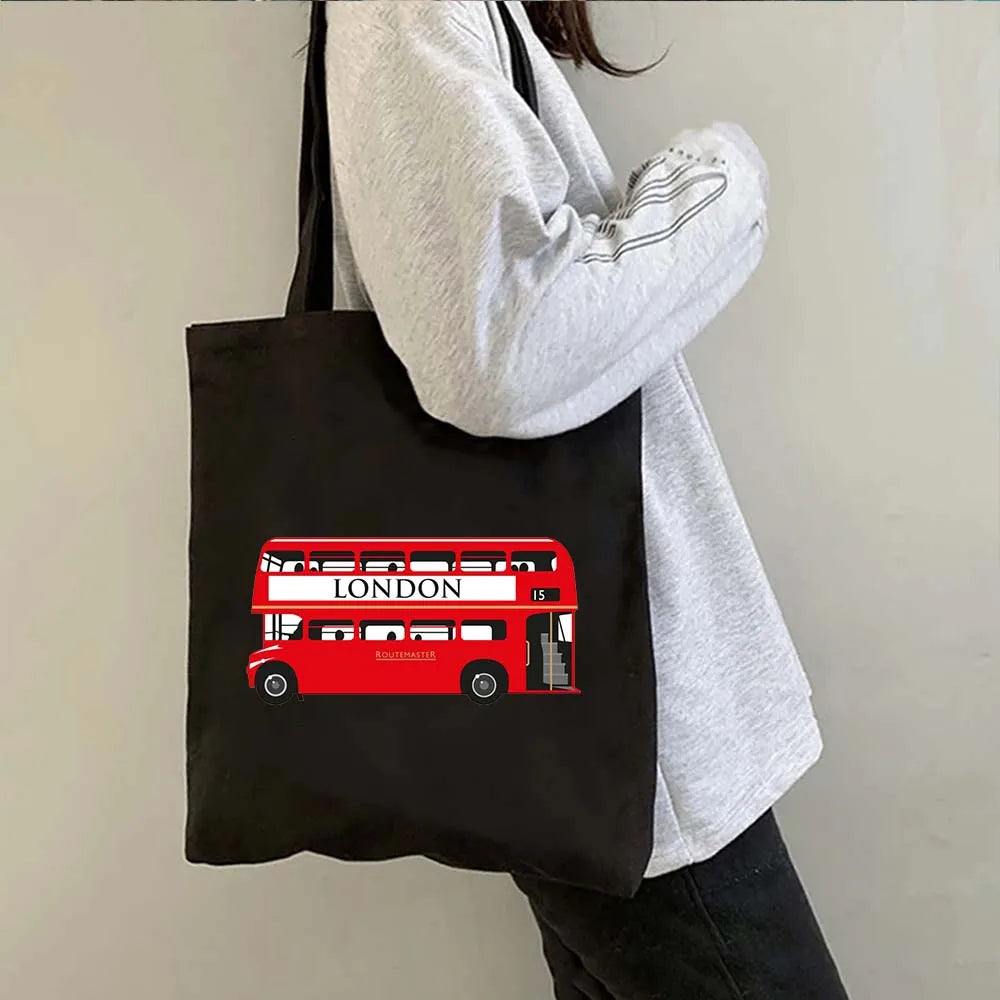 London Big Ben England Map Flag Canvas Tote Bag | UK City Landscape Skyline Shoulder Shopping Handbag (Women's Tourist Gift) Luxegan