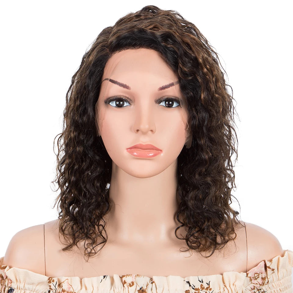 Sleek Curly Human Hair Wig | Brown Highlights | 13x1 T Part Lace Wig | Brazilian Remy Hair | Water Wave