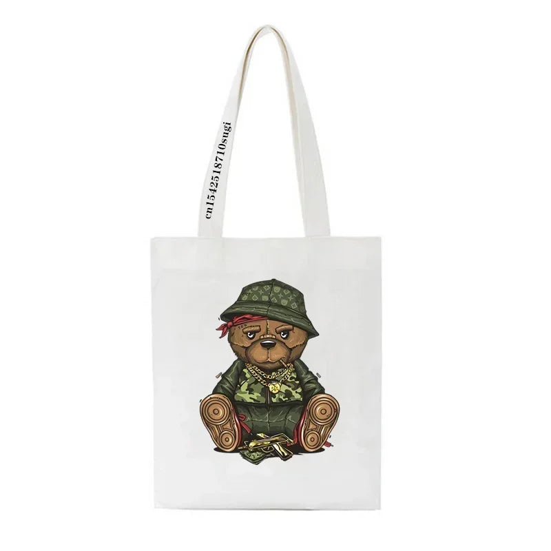 Fashion Bear Print Eco Women Shoulder Bags | Female Handbag Canvas Shopping Bag | Casual Large Ladies Travel Totes Bags Luxegan