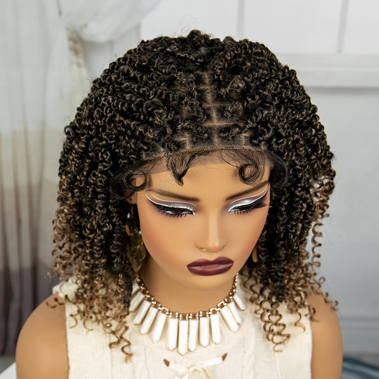 Burgundy Knotless Box Braids Bob Wig with Curly Ends | Lace Front Luxegan