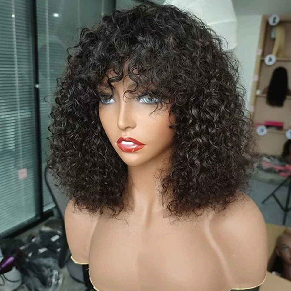 Highlight Jerry Curly Short Bob Wig | Peruvian Human Hair with Bangs Luxegan