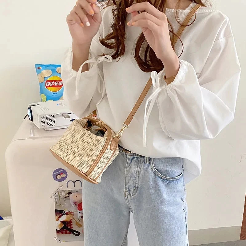 Bohemian Small Knitting Straw Bucket Bag | Casual Summer Crossbody Luxegan