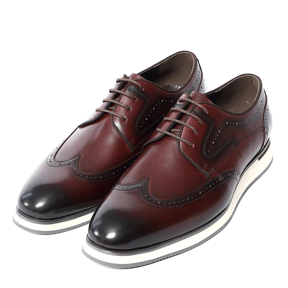 Men's Natural Cowhide Genuine Leather Derby Dress Shoes | Brogue Wingtip Flat Shoes (Black, Wine Red) Luxegan