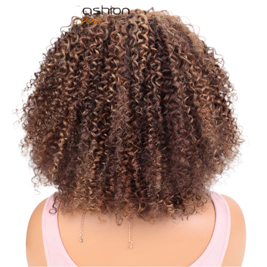 250% Density Blonde Highlight Sassy Curly Wig with Bangs | Glueless Brazilian Afro Kinky Remy Human Hair Luxegan