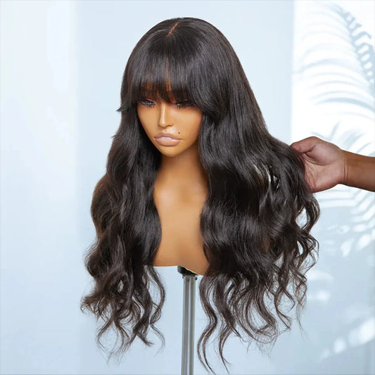 Natural Color 22" Body Wave Wig with Bangs | 180% Density Remy Human Hair Middle Part Lace Luxegan