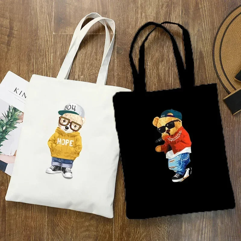 Fashion Bear Print Eco Women Shoulder Bags | Female Handbag Canvas Shopping Bag | Casual Large Ladies Travel Totes Bags Luxegan