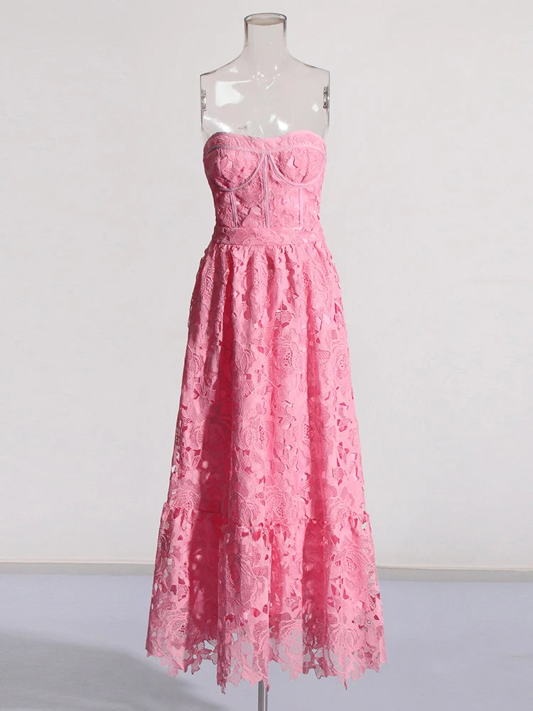 Solid Strapless Sleeveless Embroidery Detail Slim Fit A-Line Ankle-Length Cotton Dress – Natural Waist, Summer Luxegan