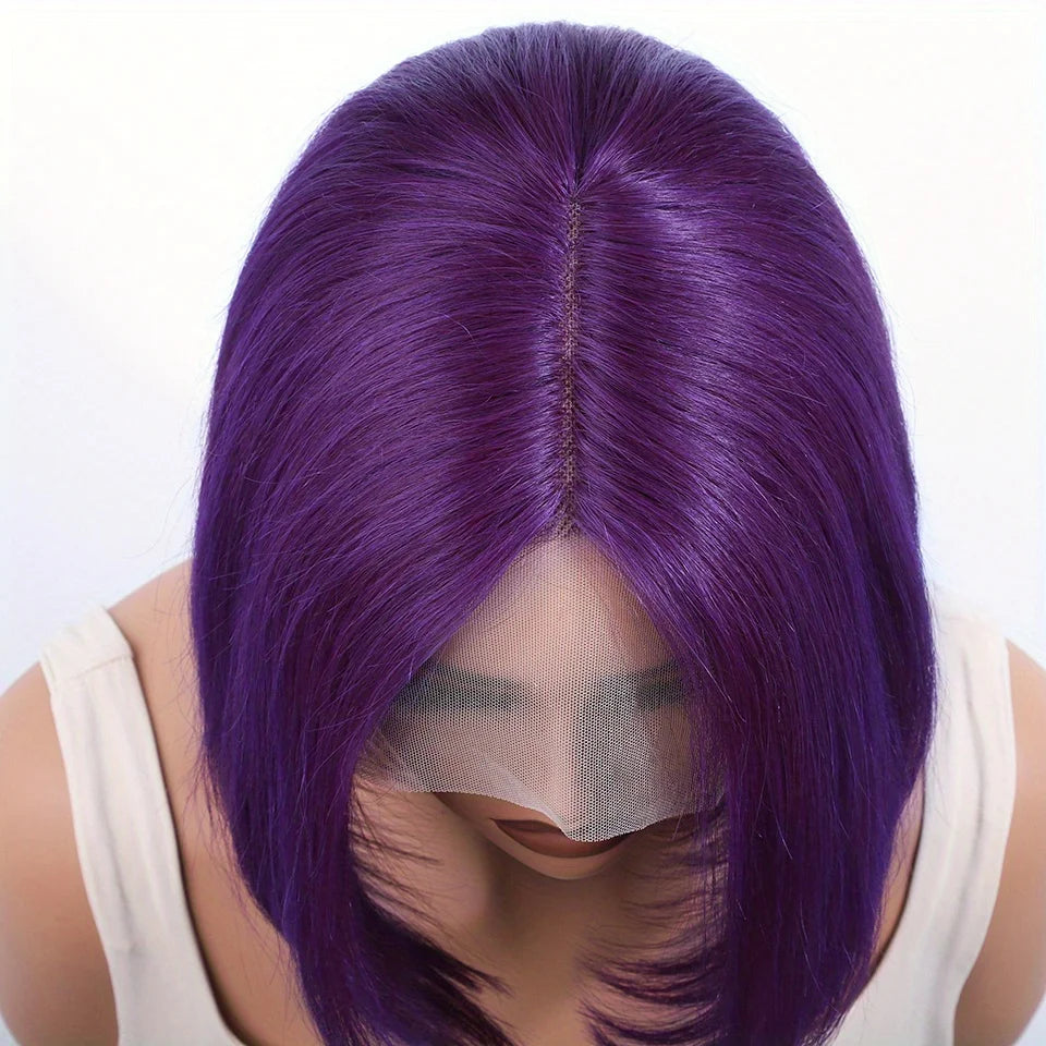 Purple Straight Bob Wig | 13x5x1 Brazilian Human Hair Lace Part with 180% Density (Party Style, Remy) Luxegan