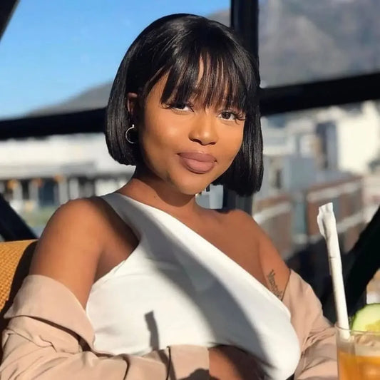 Peruvian Straight Bob Wig with Bangs | Full Machine Made Human Hair Wig | Natural Color