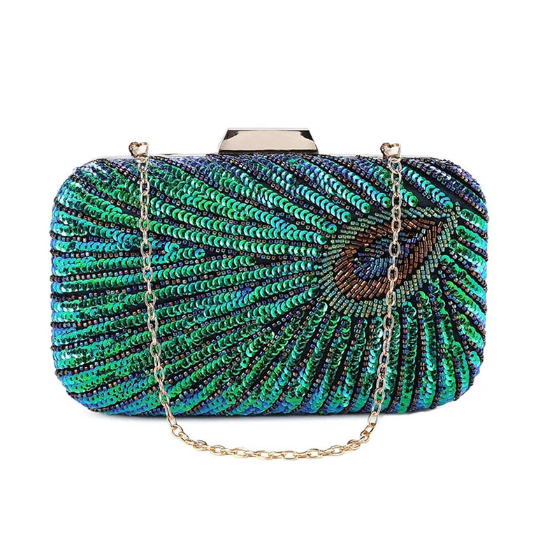 Luxurious Green Peacock Beaded Evening Handbag | Sequined Party & Wedding Bridal Purse | Elegant Envelope Messenger Bag for Formal Occasions | Sophisticated Rhinestone Shoulder Bag (Model 21110309322130476) Luxegan