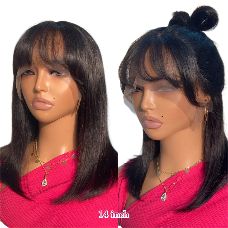 Reddish Brown Bob Wig | Straight Human Hair Lace Front with Bangs Luxegan