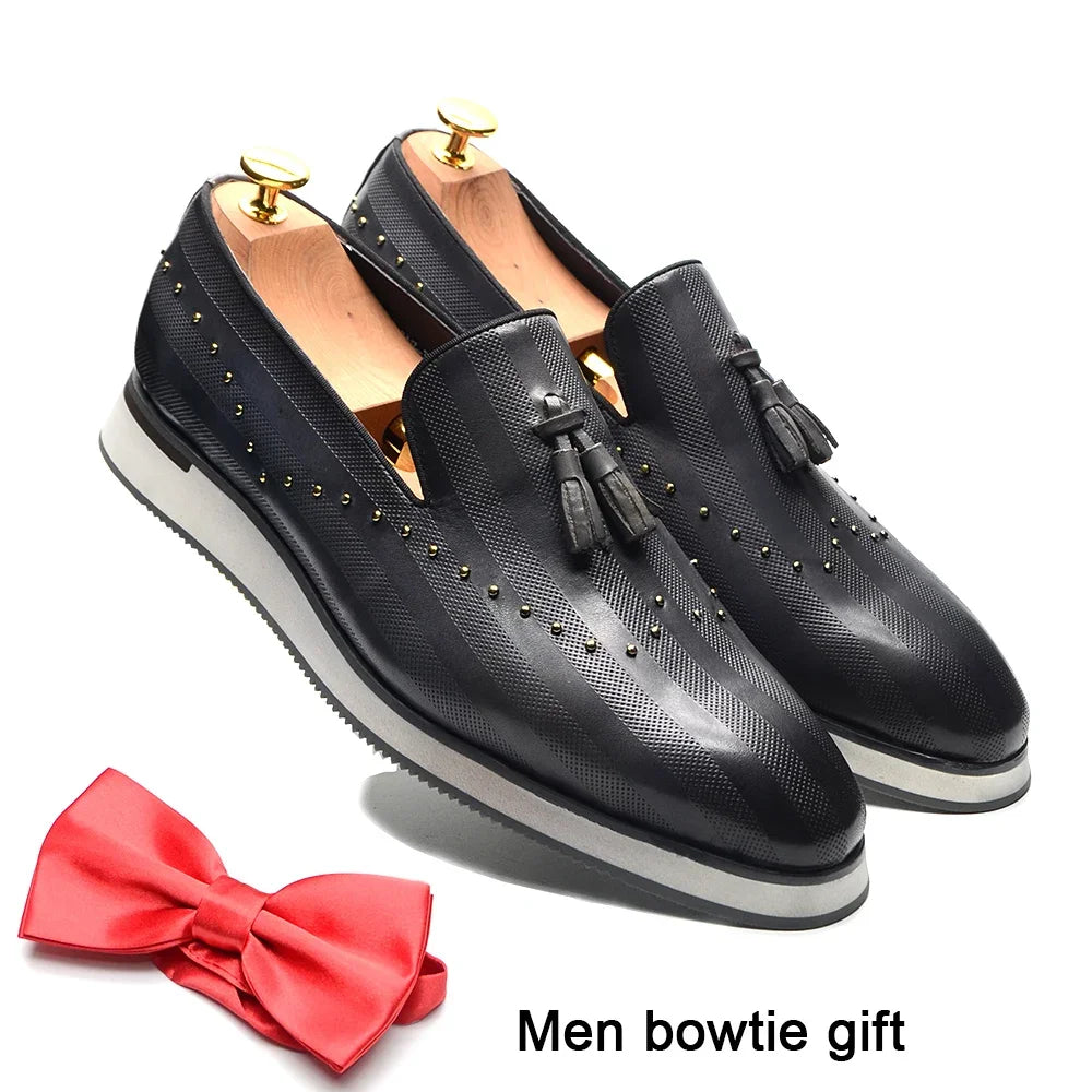 Classic European Gray Genuine Leather Loafers | Sophisticated Rivet & Tassel Accents | Elegant "Genuine Cow Leather" Silhouette | "Dignified" Sheepskin Insole & Non-Slip Rubber for Radiant Versatile Styling Luxegan
