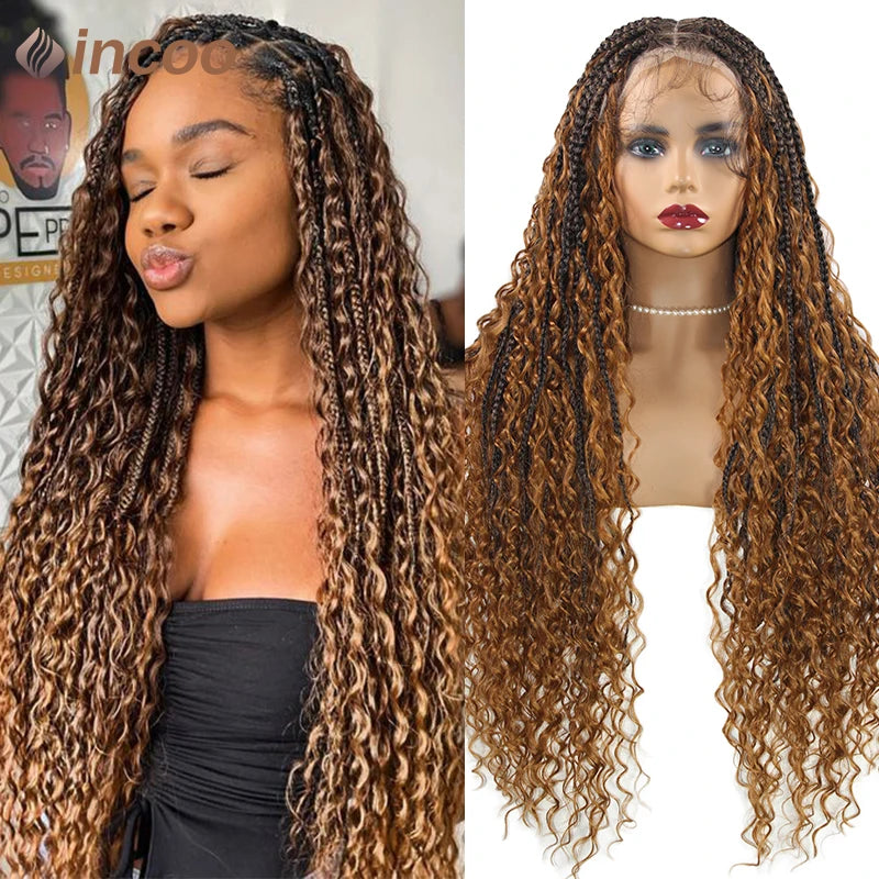 Boho Box Braided Wigs Curly Hair Synthetic Full Lace Front Wigs for Women Goddess Locs Braid Wig Burgundy Bohemian Box Braid Wig Luxegan