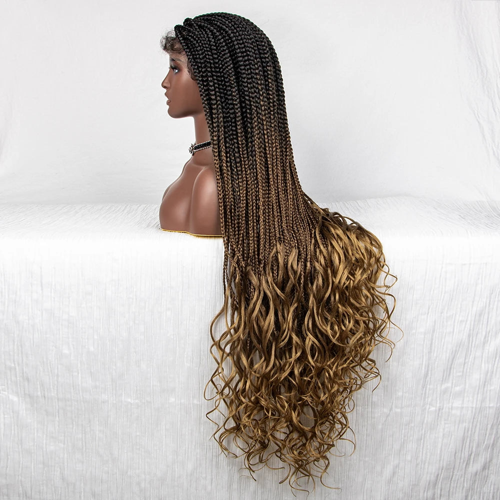 36" Water Wave Braided Wig | Lace Front | Baby Hair | Long Braids Luxegan