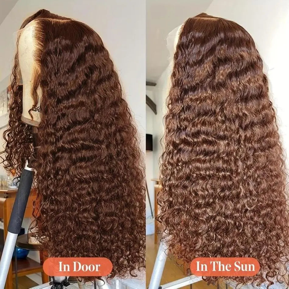 Chocolate Brown Deep Wave HD Lace Wig | Sophisticated 250 Density 13x6 & 13x4 Frontal | Elegant "100% Brazilian Remy" Silhouette | "Dignified" Pre-Plucked Curly Human Hair for Radiant Versatile Styling Luxegan